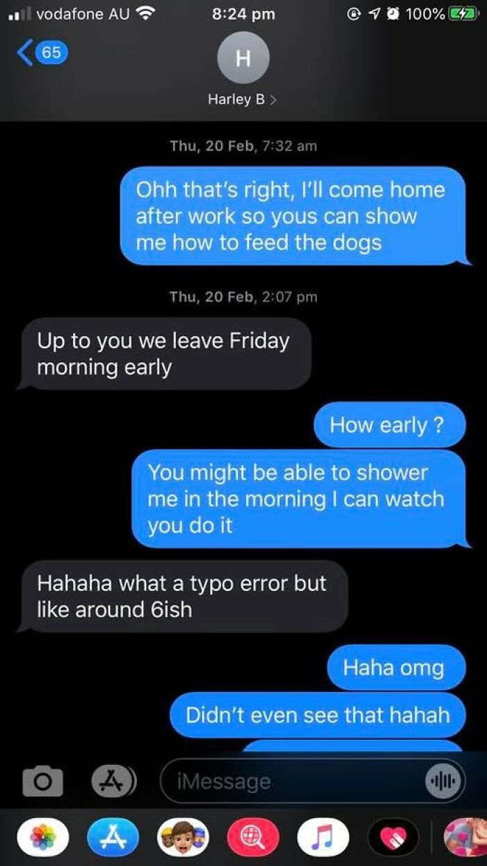 Text message conversation showing autocorrect error humor with a funny typo in casual chat between two people.