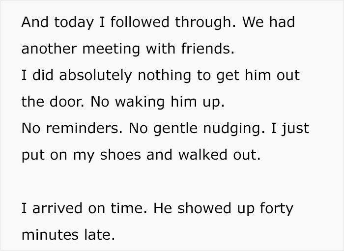 Text excerpt about a woman who stops treating her husband like a kid, leading to him being late and chaos ensuing.