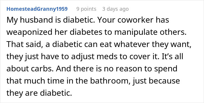 Screenshot of a forum comment discussing a coworker eating what she shouldn’t and the consequences for a diabetic colleague.