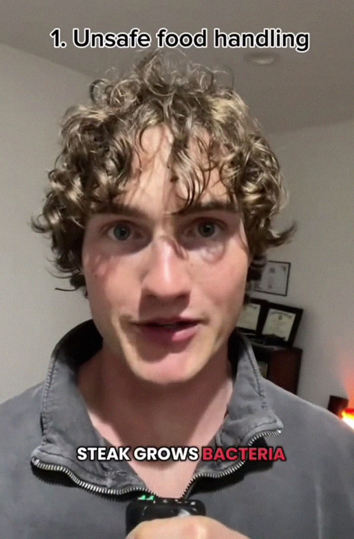 Young man explains unsafe food handling with a focus on bacteria in wild American food creations traumatizing the internet. Young man explains unsafe food handling with a focus on bacteria in wild American food creations traumatizing the internet.