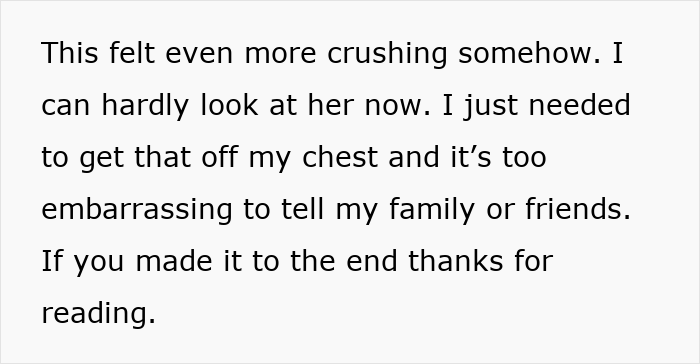 Text expressing emotional struggle after husband refuses intimacy for years, feeling embarrassed and unable to share with others.