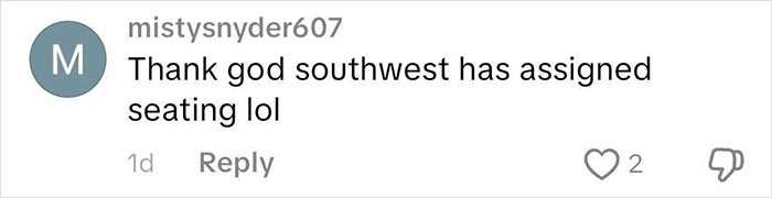 Screenshot of a social media comment about assigned seating on a Southwest flight from a frequent traveler. Screenshot of a social media comment about assigned seating on a Southwest flight from a frequent traveler.