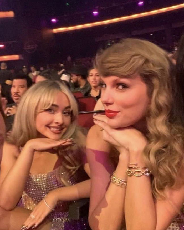 Taylor Swift and Sabrina Carpenter posing together at an event, sparking talks about their friendship and shoe choices.