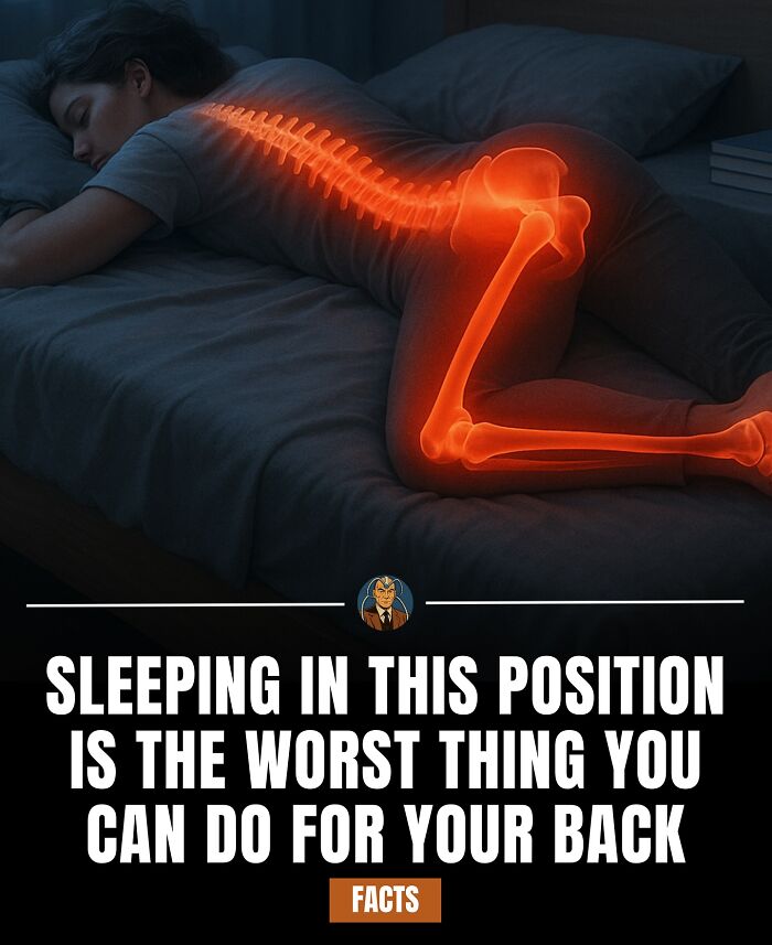 Woman sleeping on side with highlighted spine and bones, illustrating bad sleeping position for back health, from daily facts page.
