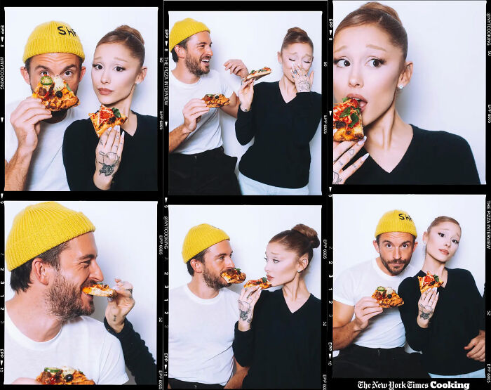 Ariana Grande and Jonathan Bailey sharing pizza in playful photo booth shots during home wrecking roast interaction. Ariana Grande and Jonathan Bailey sharing pizza in playful photo booth shots during home wrecking roast interaction.