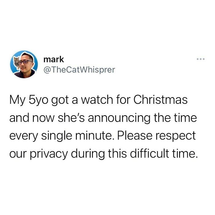 Screenshot of a relatable parenting tweet about a child announcing the time every minute, highlighting humorous parenting moments.