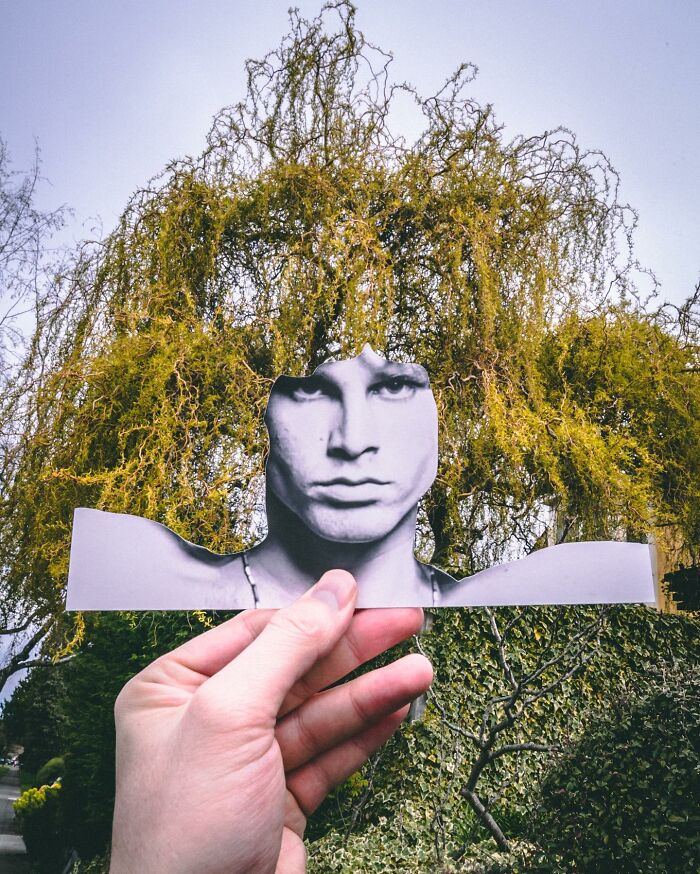 Hand holding a paper cutout of a face with tree branches perfectly matching the hair in a creative paper cutouts art.