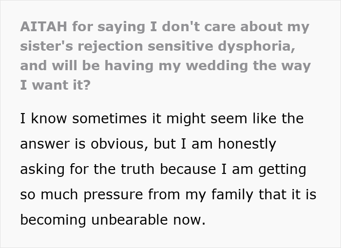 Alt text:
Man rejects sister’s idea for big wedding, causing family conflict over rejection sensitive dysphoria and wedding plans. Alt text:
Man rejects sister’s idea for big wedding, causing family conflict over rejection sensitive dysphoria and wedding plans.