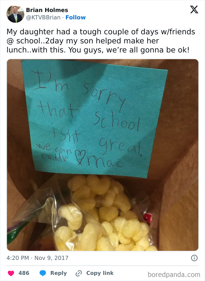 Handwritten note in a lunch bag showing sibling gratitude with a message apologizing for school and offering support.