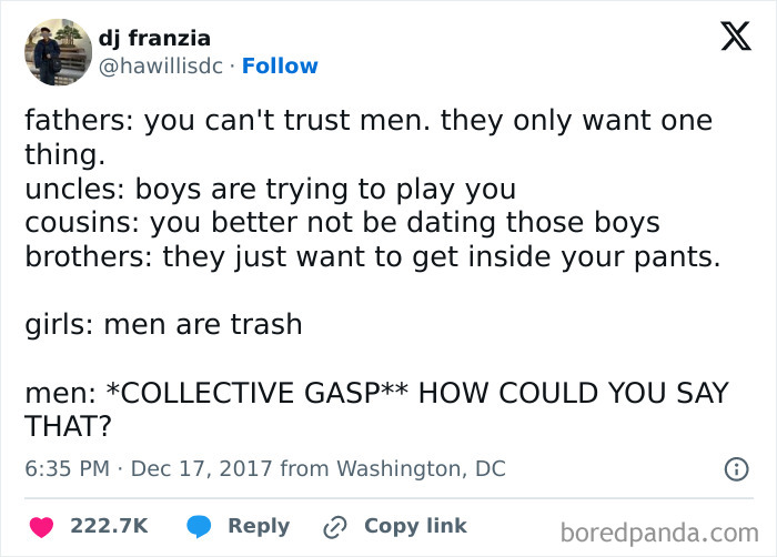 Text post from Fight The Patriarchy page highlighting family and gender stereotypes about men and reactions in a humorous way.