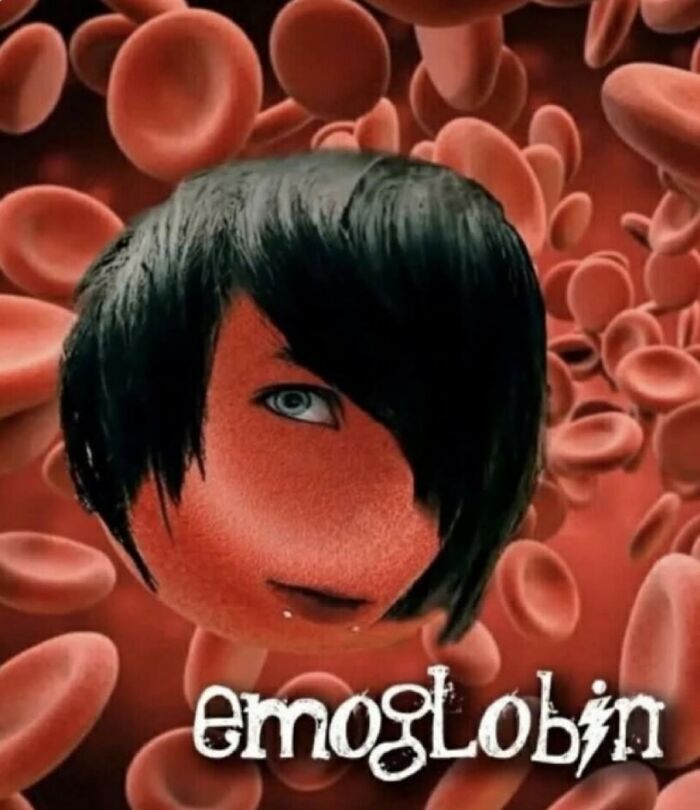 Red blood cell with emo hairstyle and piercing, surrounded by other cells, in a hilarious educational memes style.