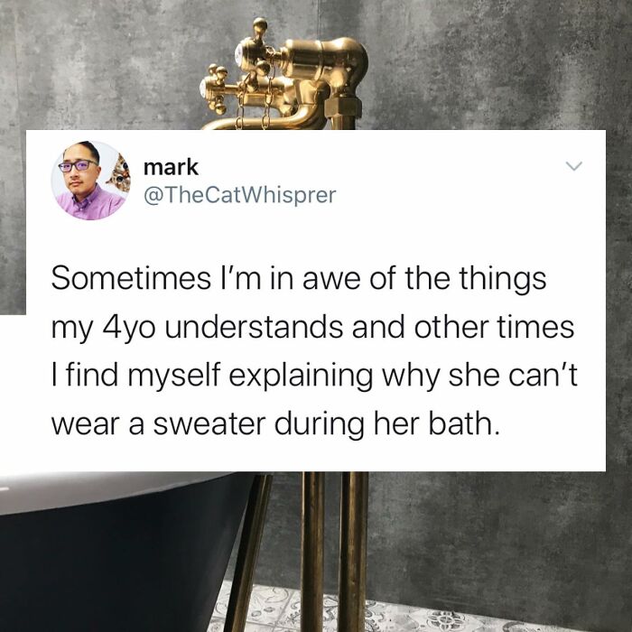 Parenting and marriage tweet showing a funny relatable moment about explaining why a child can't wear a sweater during bath time.