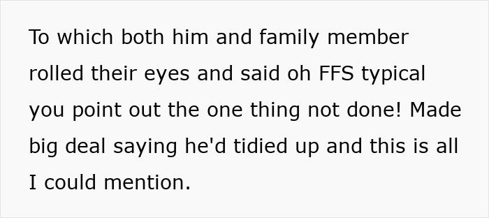 Text excerpt showing family frustration as wife prepares feast and fun, while husband reacts moody after only opening oven door. Text excerpt showing family frustration as wife prepares feast and fun, while husband reacts moody after only opening oven door.