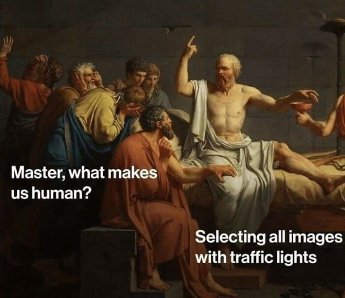 Classical painting meme featuring a philosopher teaching humor about selecting images with traffic lights in funny memes.
