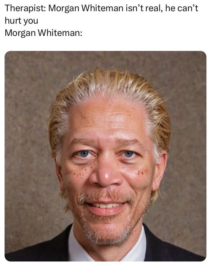 Man with light blond hair and blue eyes smiling in a suit, a funny meme about Morgan Whiteman from random funny memes.