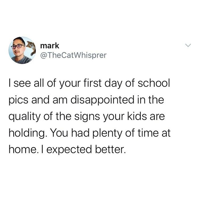 Tweet about first day of school photos humor, highlighting relatable parenting moments and marriage challenges.