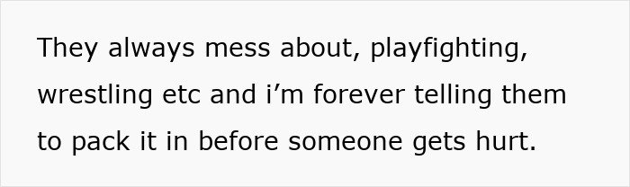 Text on a white background reads They always mess about, playfighting, wrestling etc and I’m forever telling them to pack it in before someone gets hurt. Text on a white background reads They always mess about, playfighting, wrestling etc and I’m forever telling them to pack it in before someone gets hurt.