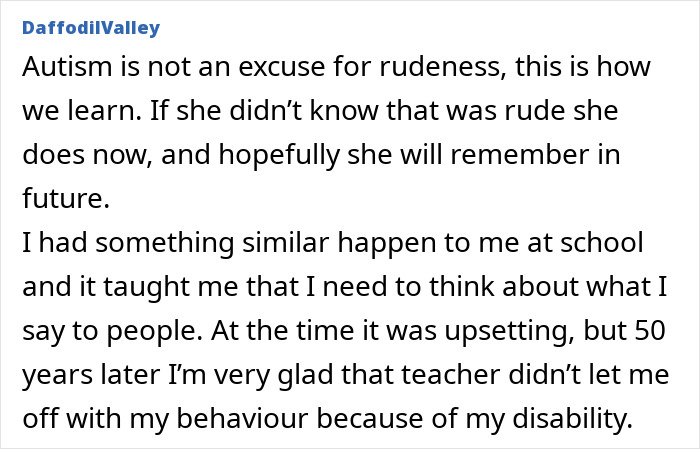 Comment discussing autistic teen punished by teacher for not understanding sarcasm, highlighting learning process and disability.