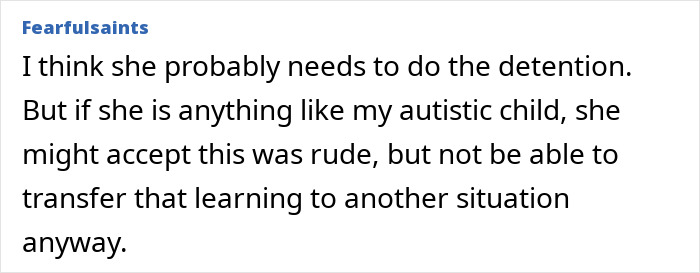Comment from user Fearfulsaints discussing detention and challenges faced by autistic teens in understanding sarcasm.