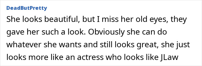 Text comment about Jennifer Lawrence's appearance and comparison to her old look amid plastic surgery rumors. Text comment about Jennifer Lawrence's appearance and comparison to her old look amid plastic surgery rumors.