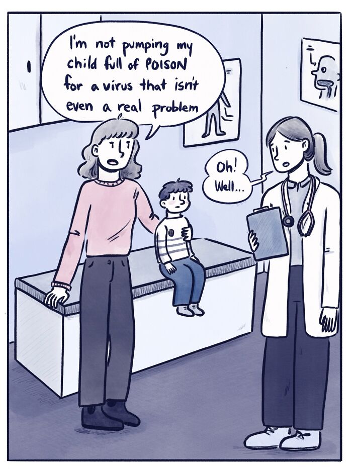 Funny and honest comic showing a mother refusing vaccination for her child in a doctor’s office scene.