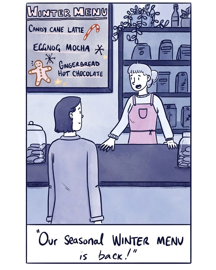 Coffee shop comic showing a barista announcing the return of a seasonal winter menu with festive drinks.