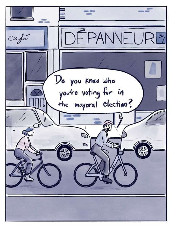 Two people on bikes having a funny and honest comic moment about voting in the mayoral election on a city street.