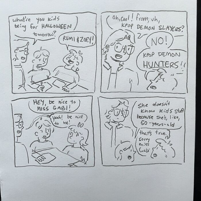 Hand-drawn funny and honest comic about kids discussing Halloween costumes and generational differences.