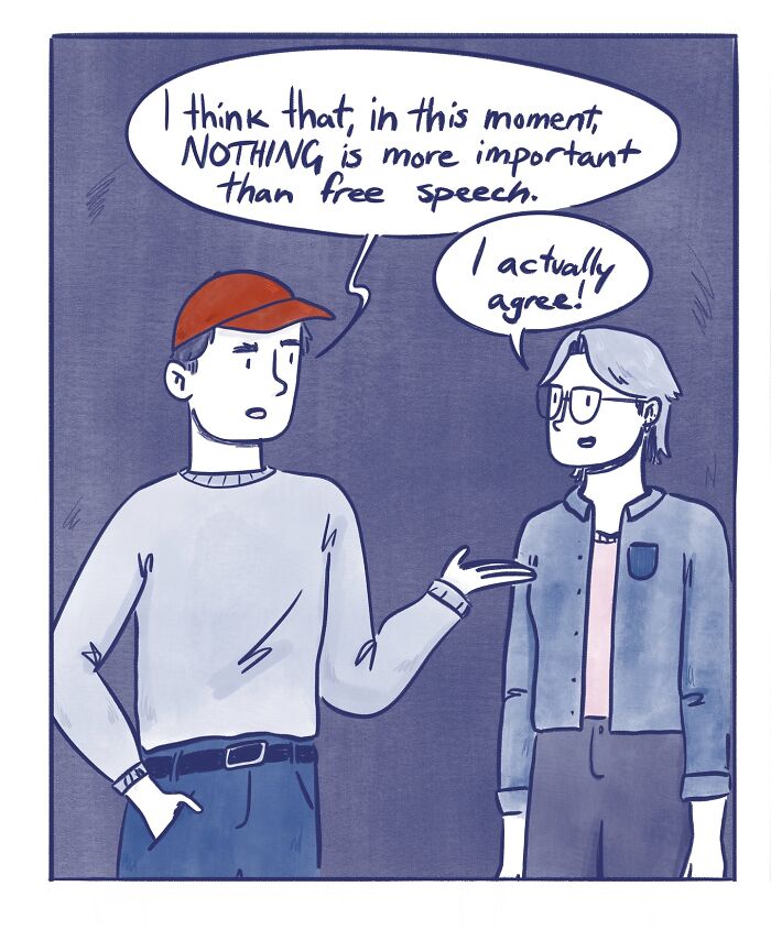 Two characters in a comic discussing the importance of free speech in a funny and honest life moment illustration.