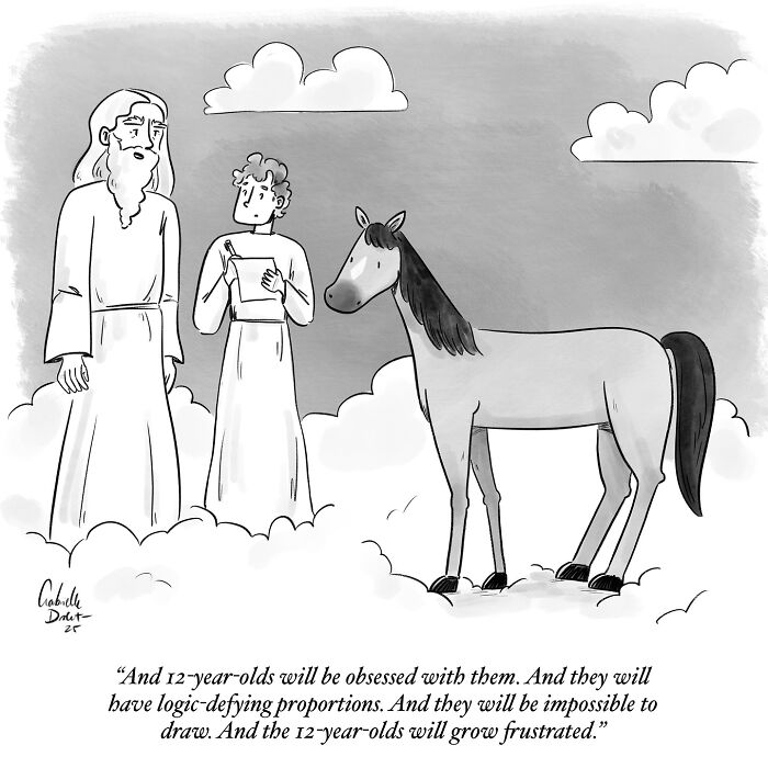 Black and white funny and honest comic about life’s little moments featuring two people and a horse on clouds.
