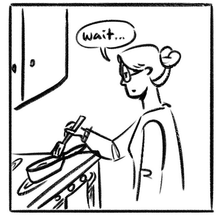 Woman in a simple comic style cooking at a stove, holding a spatula and saying wait in a funny and honest comic.