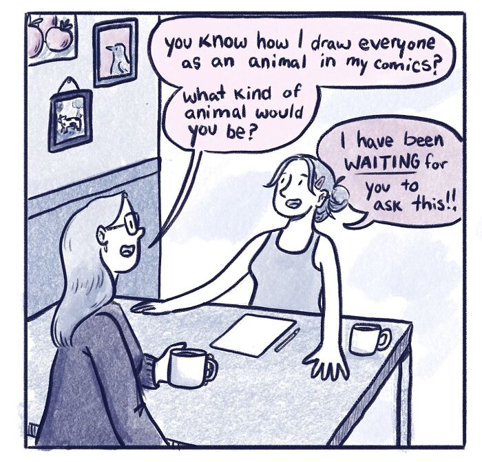 Two women chatting over coffee in a funny and honest comic about life’s little moments by Gabrielle Drolet.