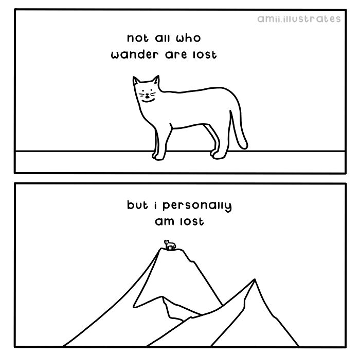 Simple black and white animal comic featuring a cat and a mountain, highlighting humor in animal comics shared by the community.