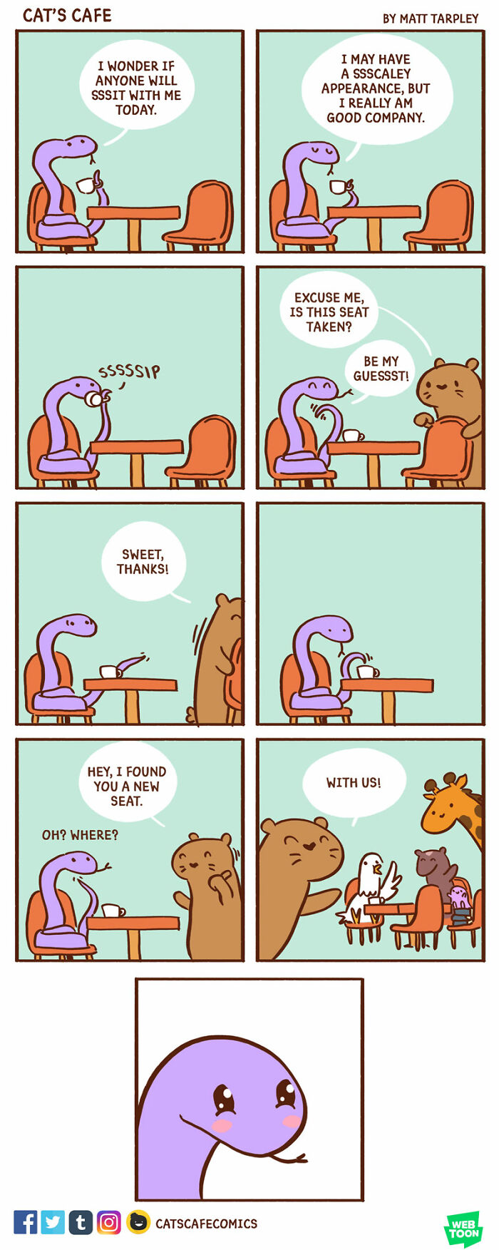 Comic featuring a snake and friendly animals sharing seats at a cafe, showcasing funny animal comics and community humor.