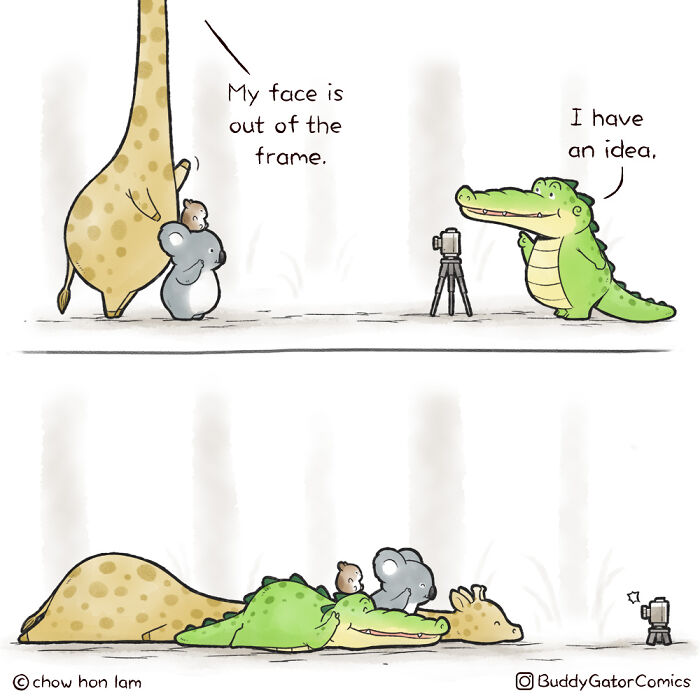Funny animal comics featuring a giraffe, koala, mouse, and crocodile taking a creative group photo together.