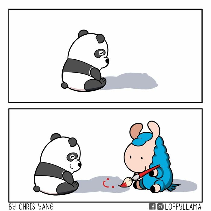 Sad panda sitting alone in the first panel and a funny animal comic showing a character painting a smiley face in the second panel.