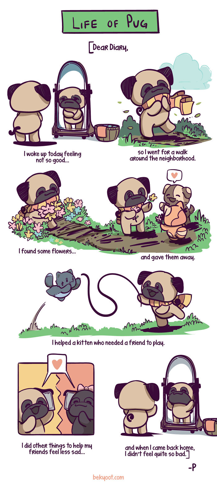 Cute animal comic featuring a pug spreading kindness by helping friends and giving flowers in a heartwarming story.