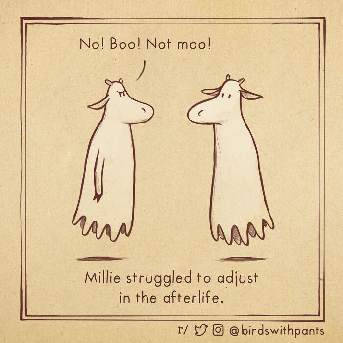 Cartoon of two ghost cows, one saying no to "boo" and "moo," illustrating a funny animal comic from the community.