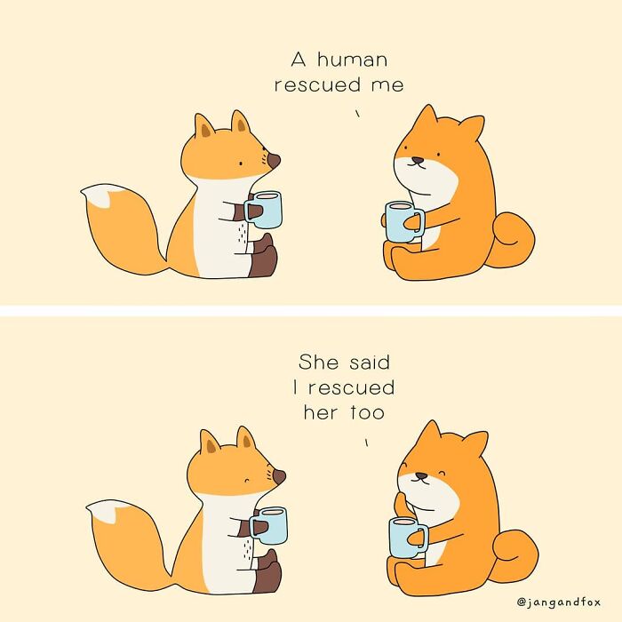 Two animals holding mugs having a funny conversation about being rescued in an animal comics style.