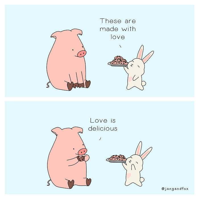 Cute animal comic shows a pig and rabbit sharing cookies with captions about love in a funny animal comics style.