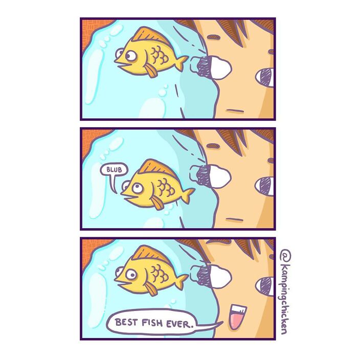 Cartoon animal comic showing a goldfish in a bowl and a person happily calling it the best fish ever.