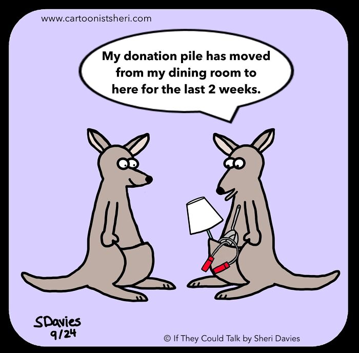 Two cartoon kangaroos talking about a donation pile in a funny animal comic style illustration.