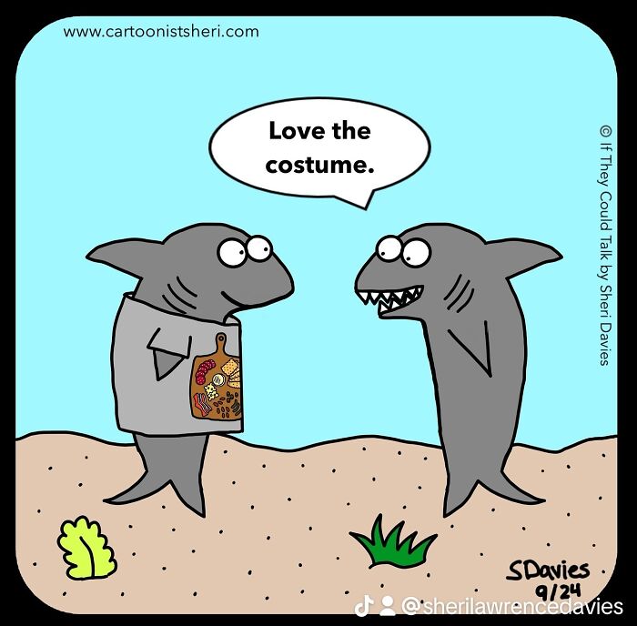 Two sharks underwater with one complimenting the other's funny food-themed costume in a comic about animal humor.