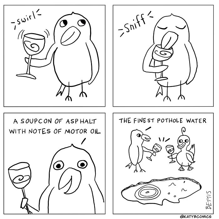 Simple black and white animal comic strip featuring birds humorously describing puddle water as fine wine.