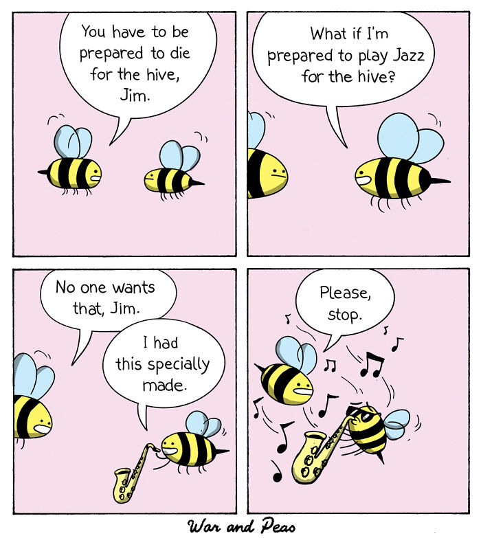 Comic featuring two bees with one playing a saxophone, showcasing funny animal comics about bees and humor.