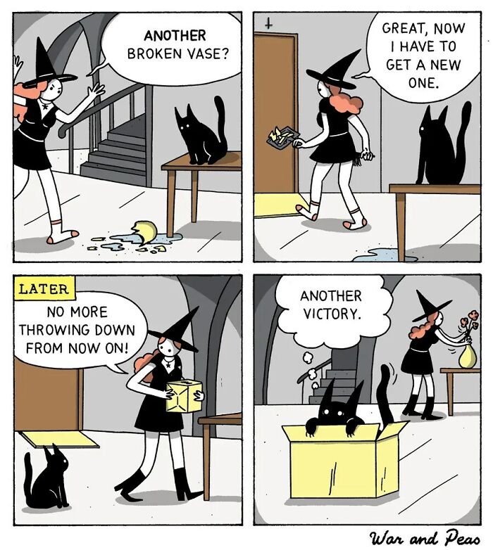 Comic panels showing a woman and her cat with broken vases, highlighting funny animal comics and pet mischief moments.