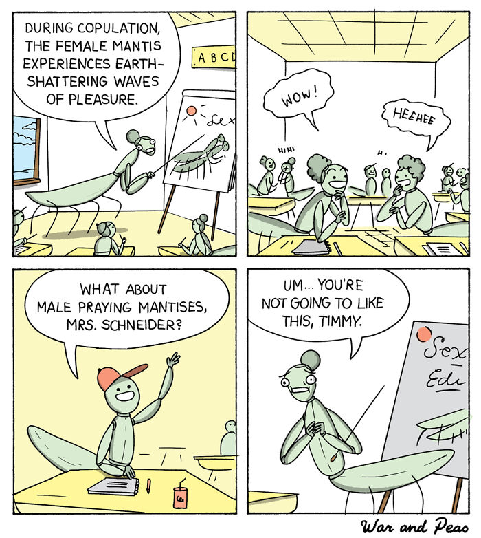Cartoon-style animal comic showing a praying mantis teaching a classroom about mantis behavior, humor in animal comics.