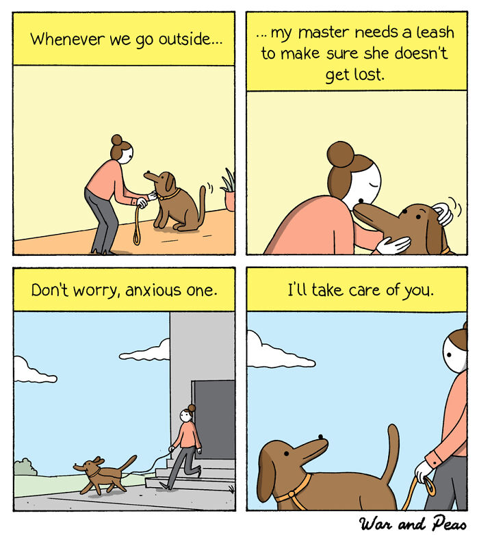 Comic showing a woman and her dog with a leash, highlighting a funny animal comic about caring and anxiety outdoors.