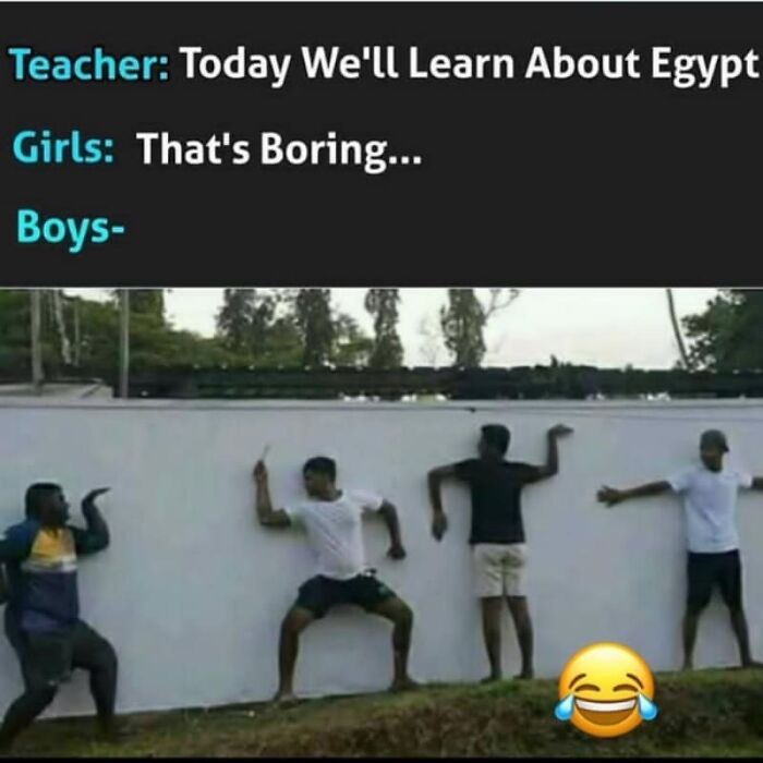 Boys striking funny poses against a wall mimicking ancient Egypt memes with hieroglyphics humor and laughing emoji.