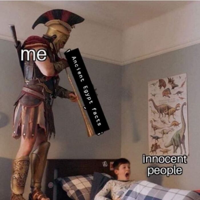 Ancient Egypt memes showing a person dressed as a warrior pointing a bat labeled facts at a shocked child in bed.